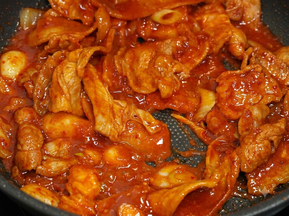 Dünne Schweinefleischscheiben werden in einer dunklen Pfanne mit einer dicken, leuchtend roten Chilisauce angebraten.
