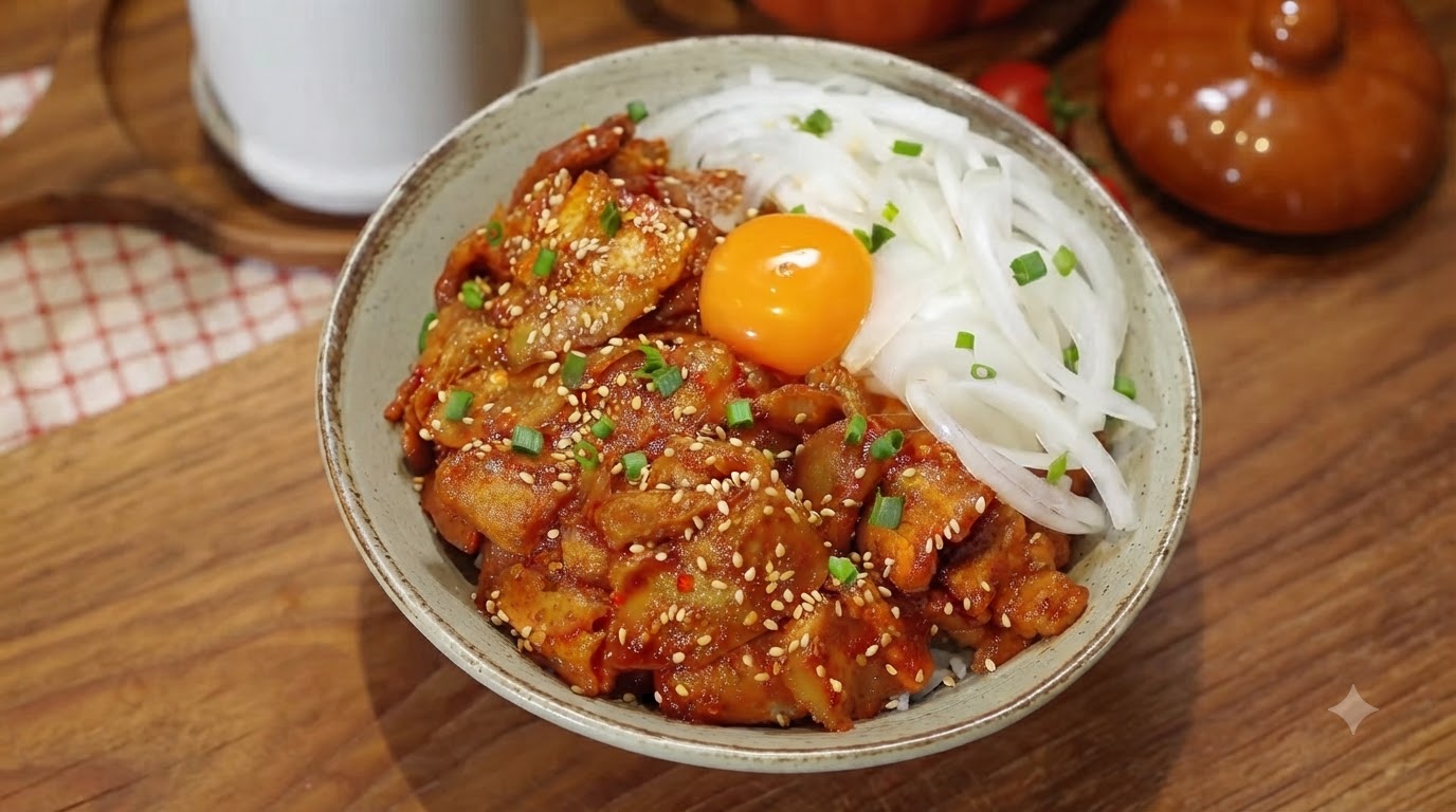 Koreanische scharfe Schweinebauch-Reisschüssel (Jeyuk Dupbap)