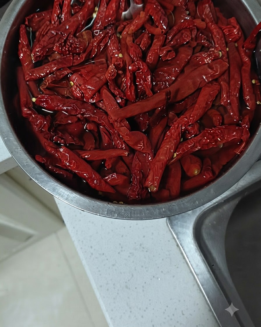 Getrocknete rote Chilischoten werden auf einem Holzschneidebrett mit einem Beil in kleine Stücke geschnitten.