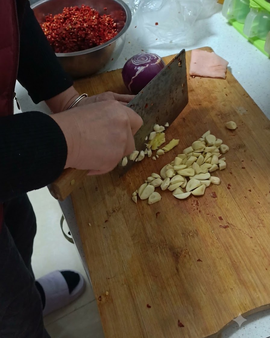 Knoblauch, Ingwer und eine lila Zwiebel werden auf einem Holzschneidebrett fein gehackt.