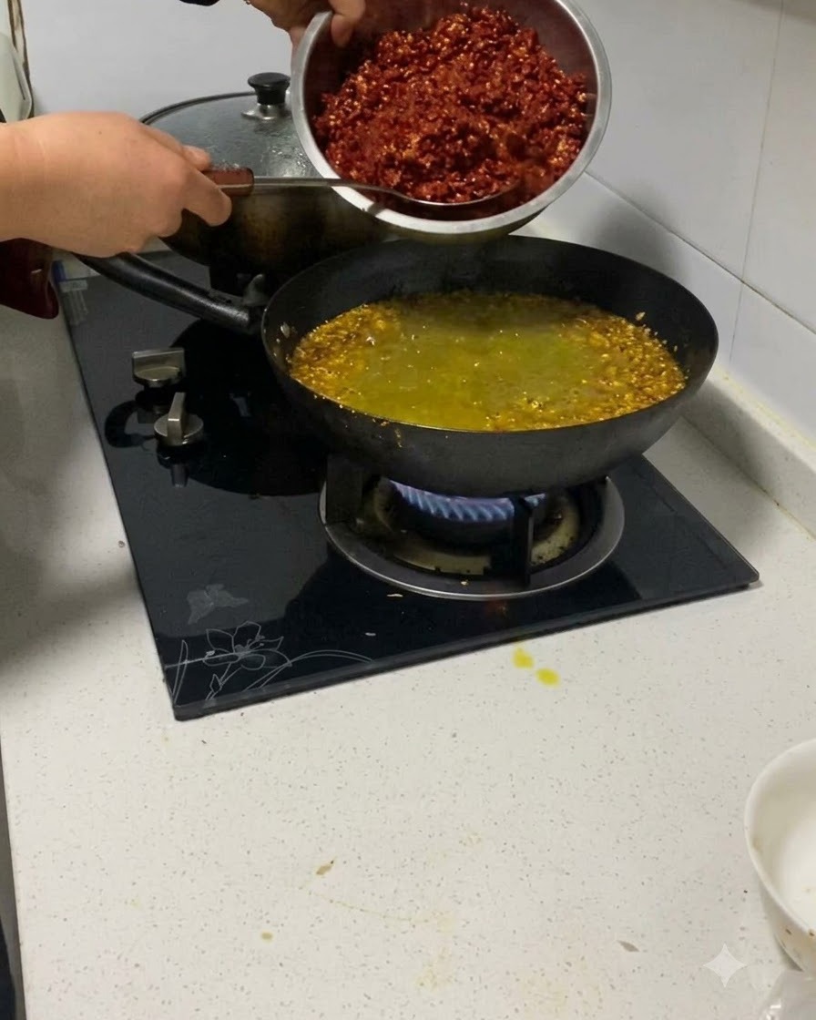 Gehackte rote Chilischoten werden aus einer Metallschüssel in einen Wok mit Fleisch und Aromen gegeben.