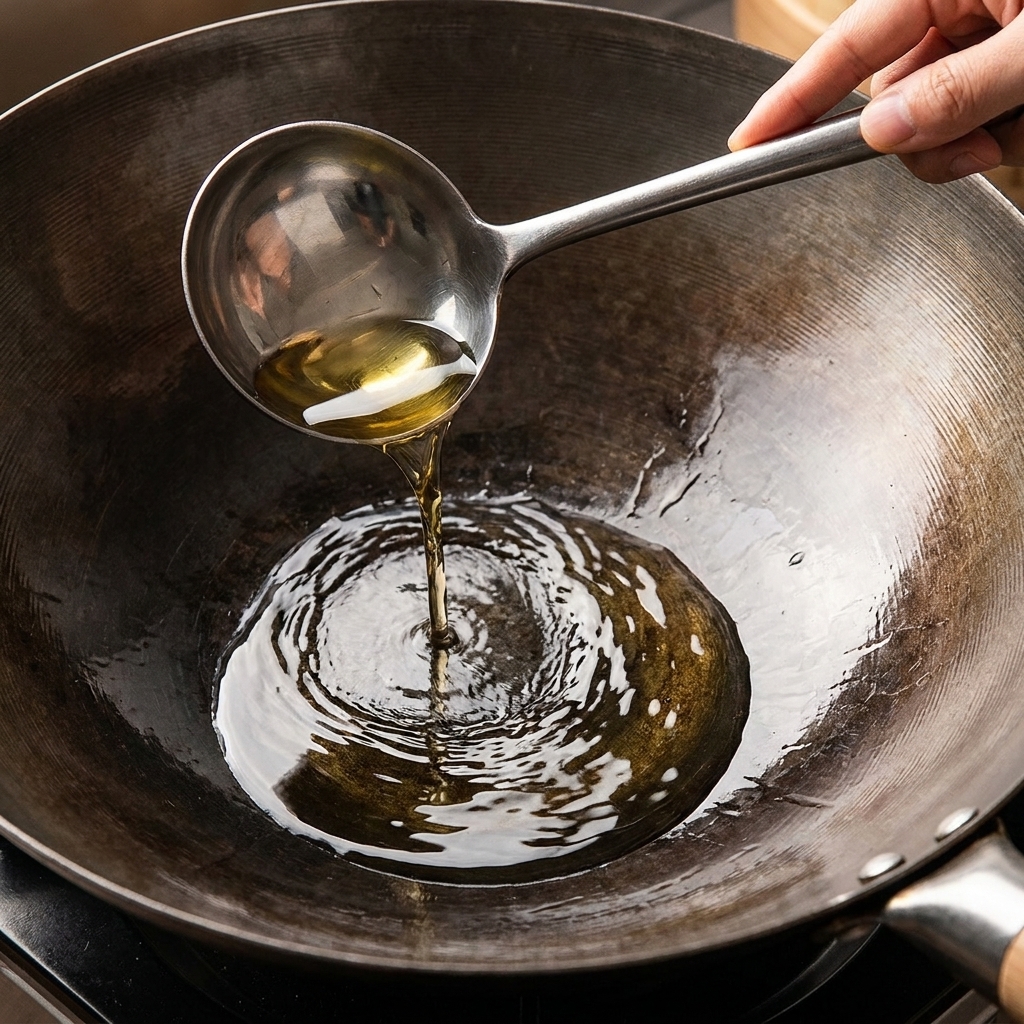 Speiseöl wird aus einer Schöpfkelle in einen heißen Wok gegossen.