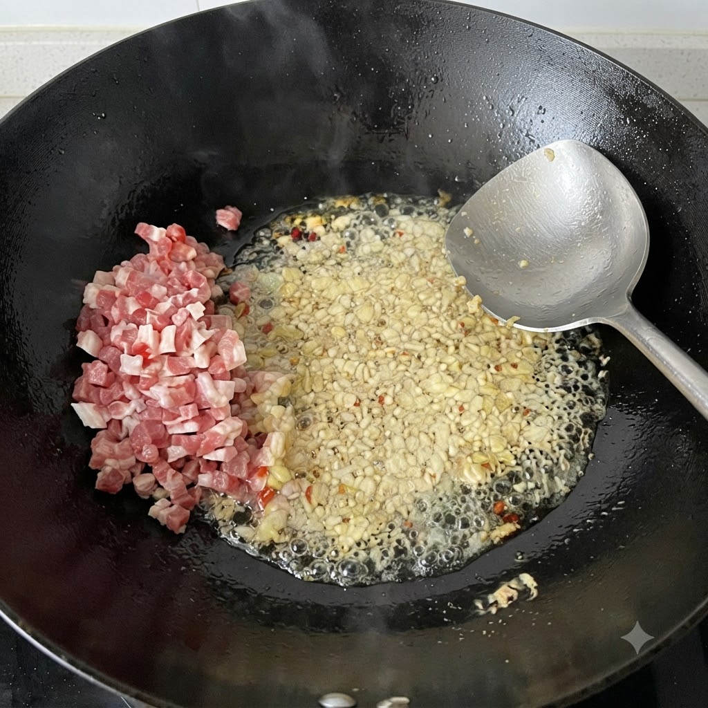 Gewürfeltes Fleisch und eine aromatische Mischung werden in einem Wok angebraten.