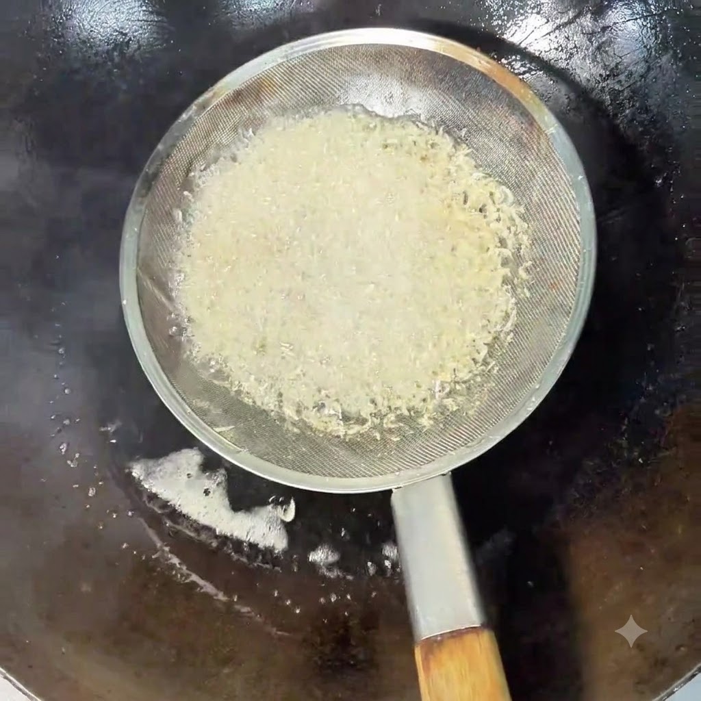 Getrocknete Garnelen werden in einem Sieb in heißem Öl frittiert.