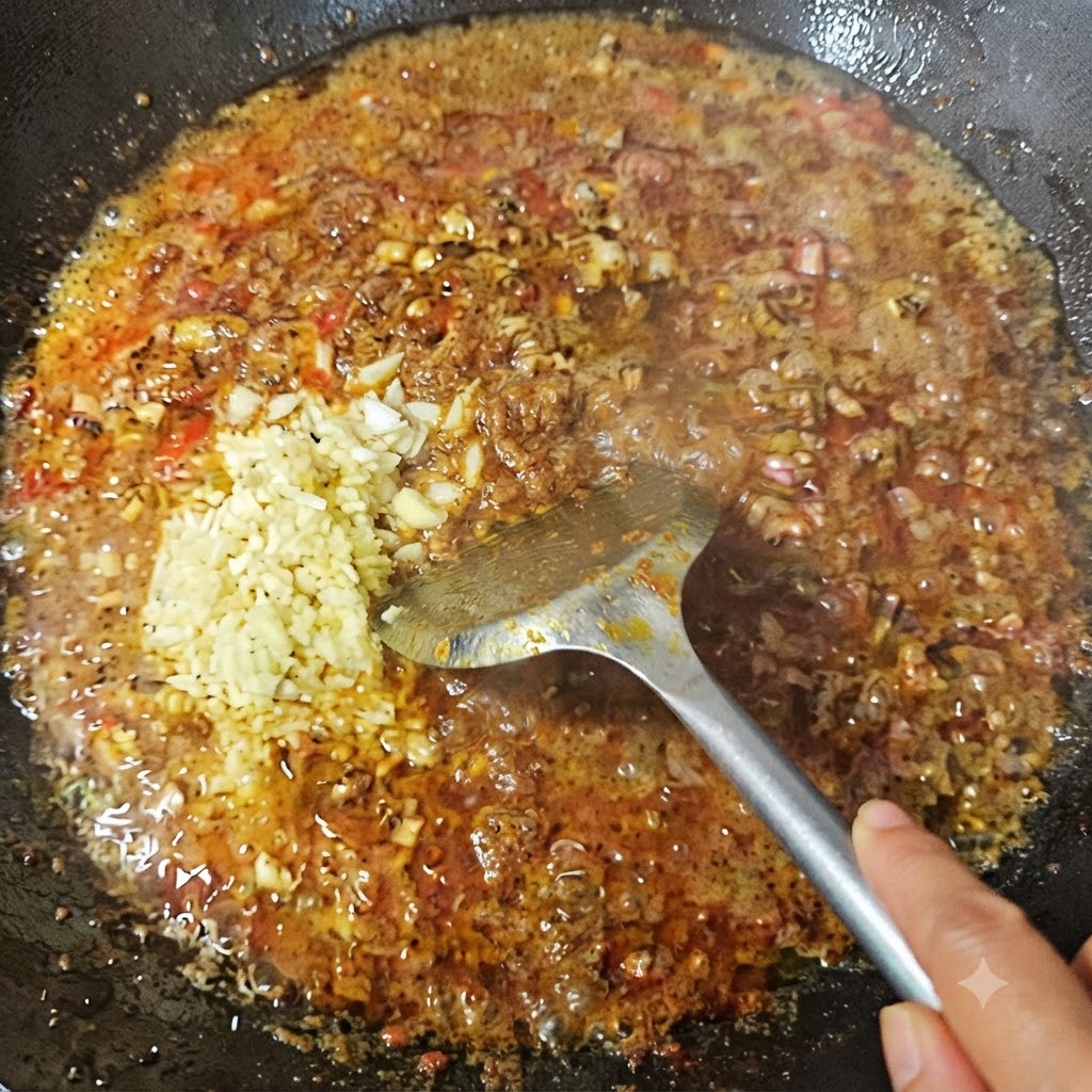 Dunkle Saucengewürze und weitere Aromen werden unter den Wokinhalt gemischt.