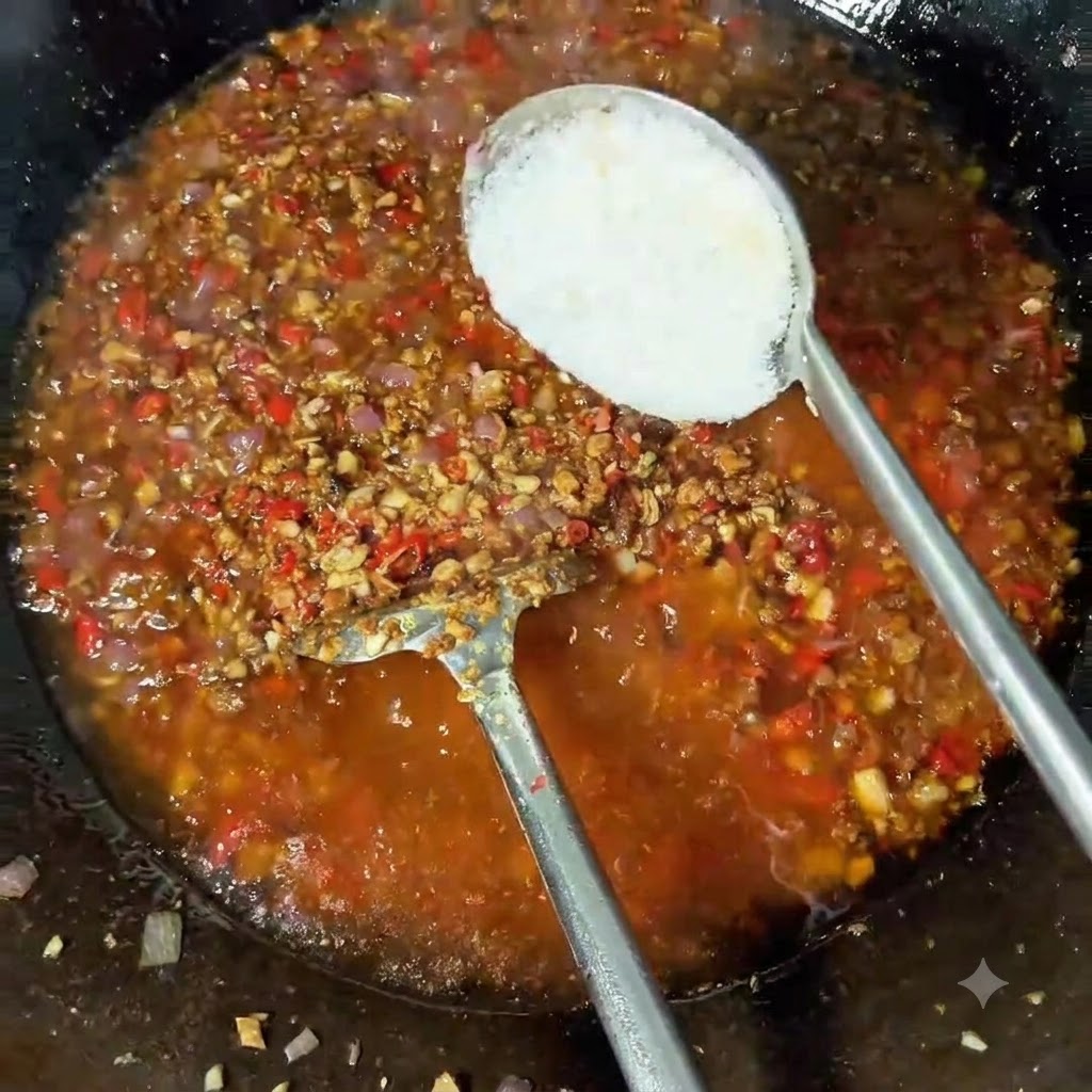 Ein Löffel weiße Paste und Chilipulver werden in den Wok mit den köchelnden Zutaten gegeben.