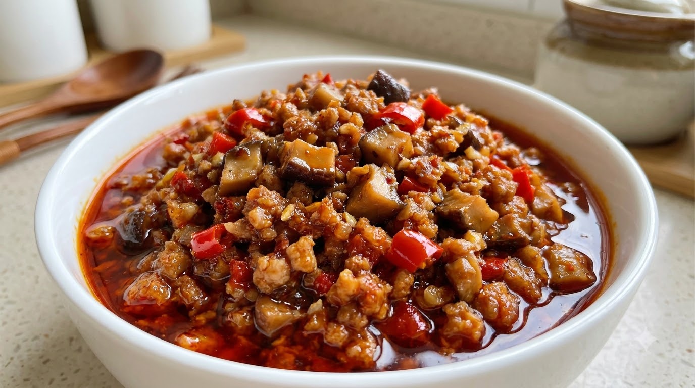 Eine weiße Schüssel mit reichhaltiger, stückiger, hausgemachter scharfer Fleischsauce, die mit leuchtend rotem Chiliöl glänzt.