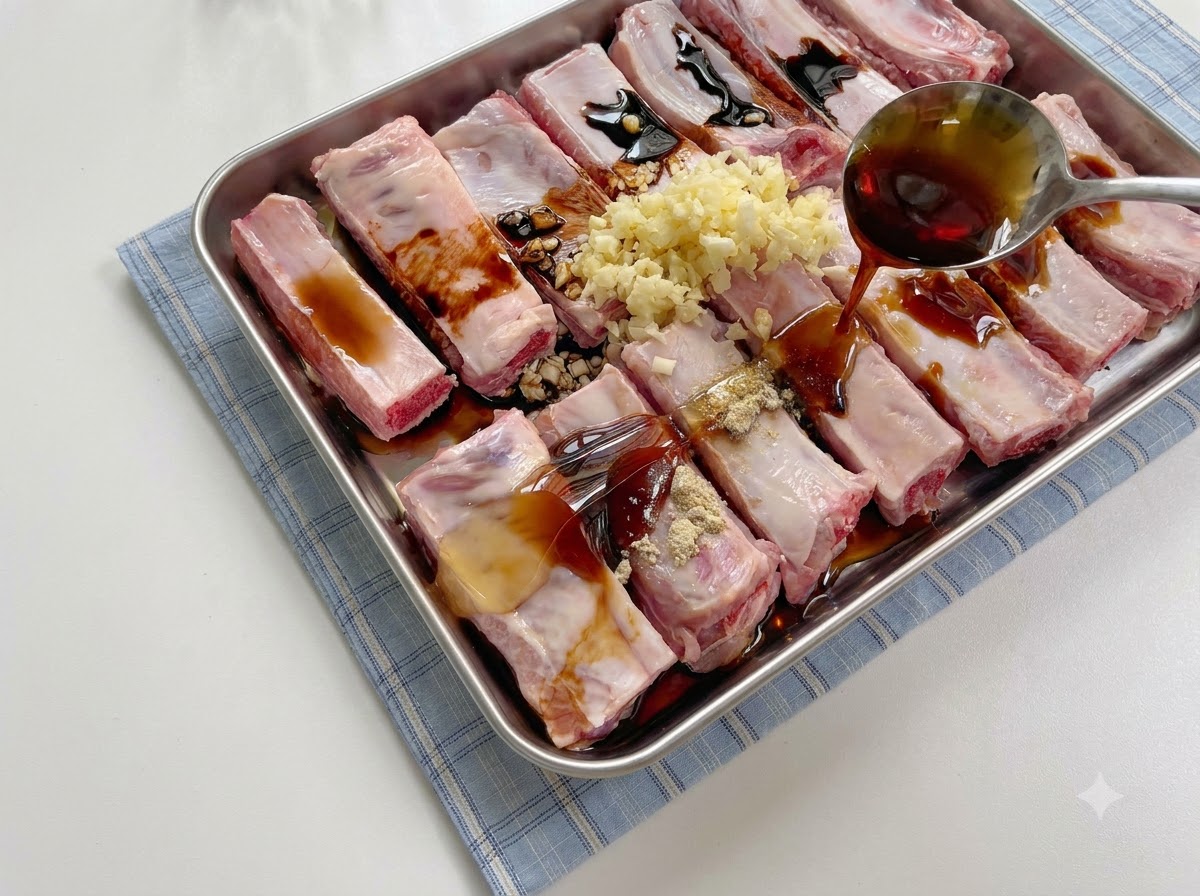 Speisestärke, Salz und Pfeffer werden über die mit Sauce bedeckten Schweinerippchen gestreut.