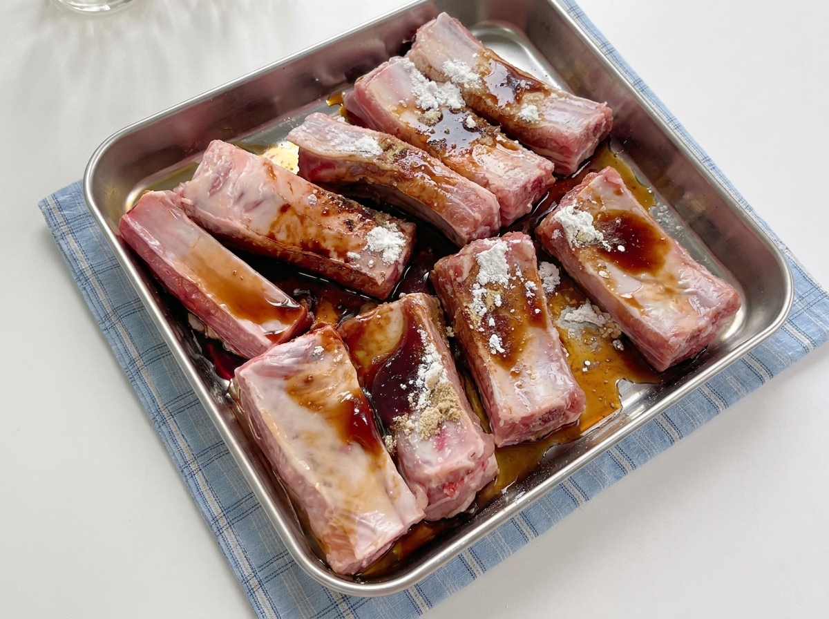 Schweinerippchen, die gründlich mit Marinade und Gewürzen auf dem Metallblech überzogen sind.