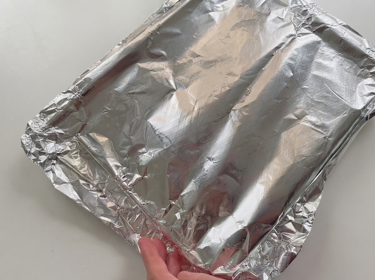 Ein mit Folie abgedecktes Backblech mit marinierten Schweinerippchen wird in den Ofen geschoben.