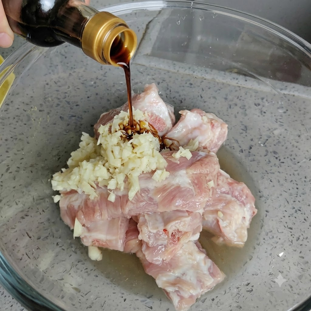 Helle Sojasauce wird aus einer Flasche auf die Mischung aus Schweinerippchen und Knoblauch gegossen.