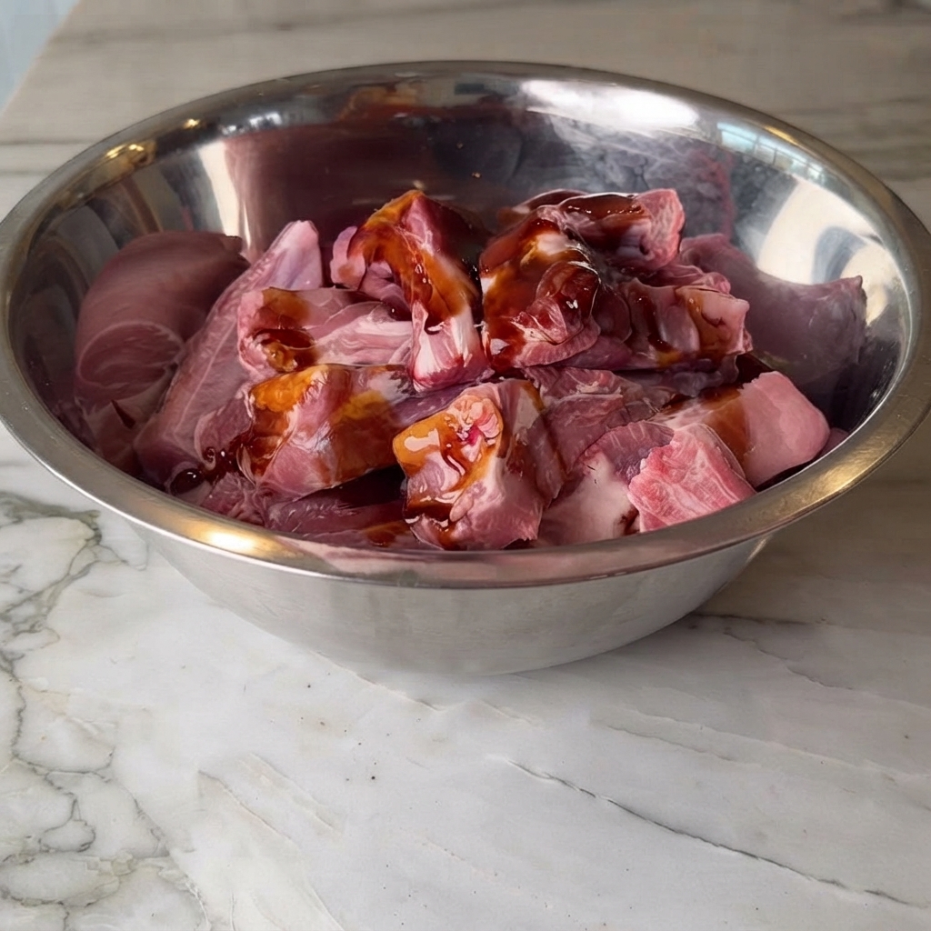 Sojasauce, dunkle Sojasauce und Austernsauce werden über rohe Schweinerippchenstücke in einer Edelstahlschüssel gegossen.
