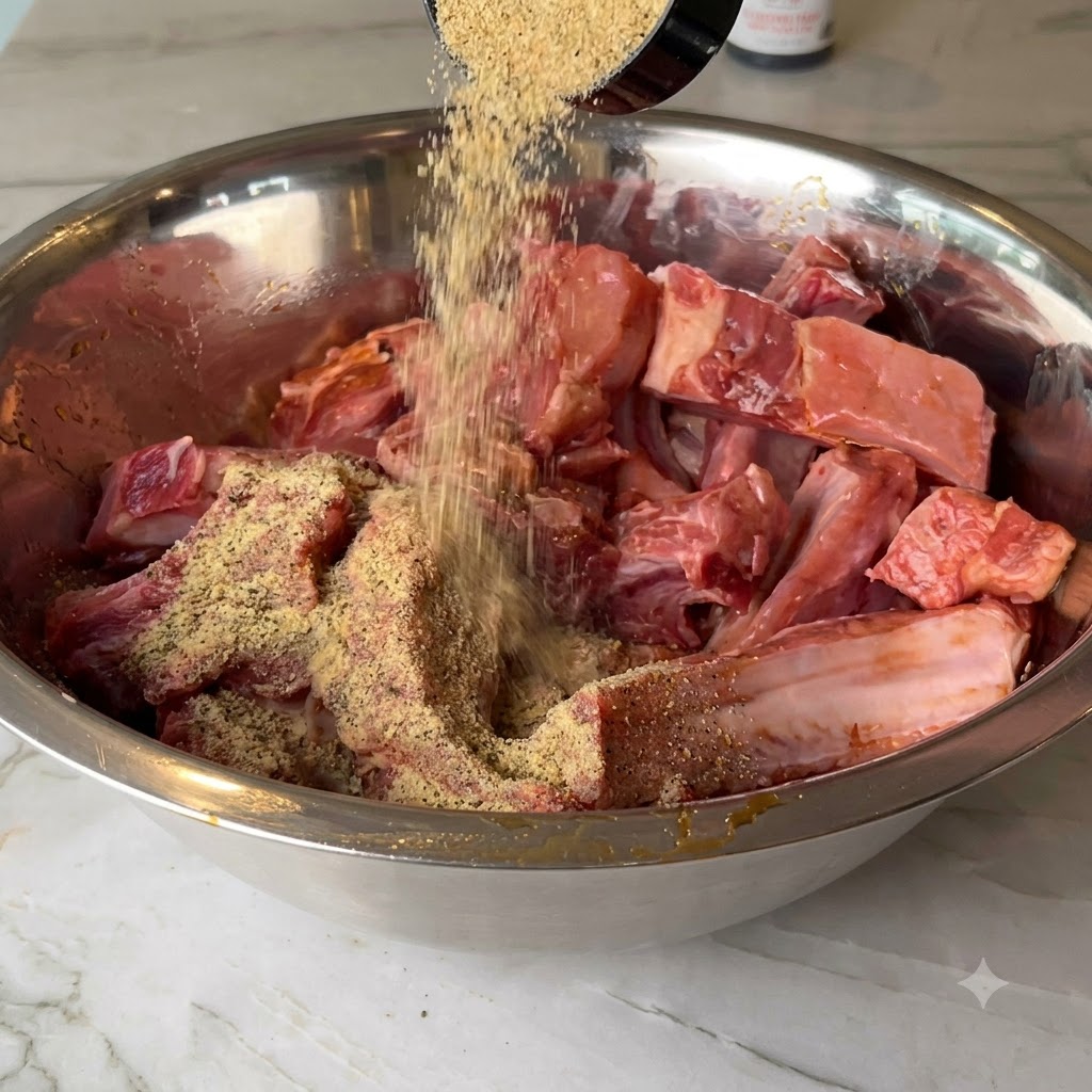 Grillgewürz und Chilipulver werden über geschnittene Schweinerippchen in einer Metallschüssel gestreut.