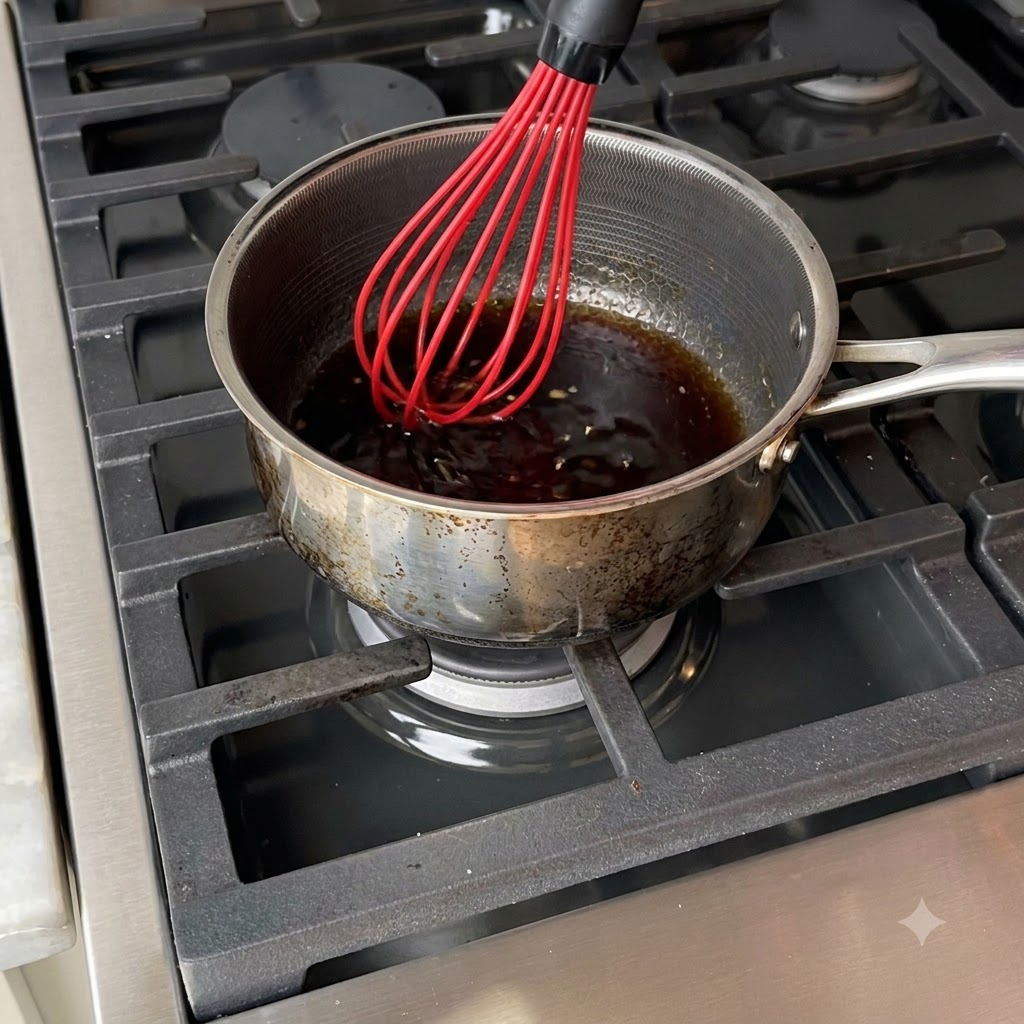 Honig-Knoblauch-Sauce mit Butter, Knoblauch und Chiliflocken, die in einem Topf auf dem Herd köchelt und verrührt wird.