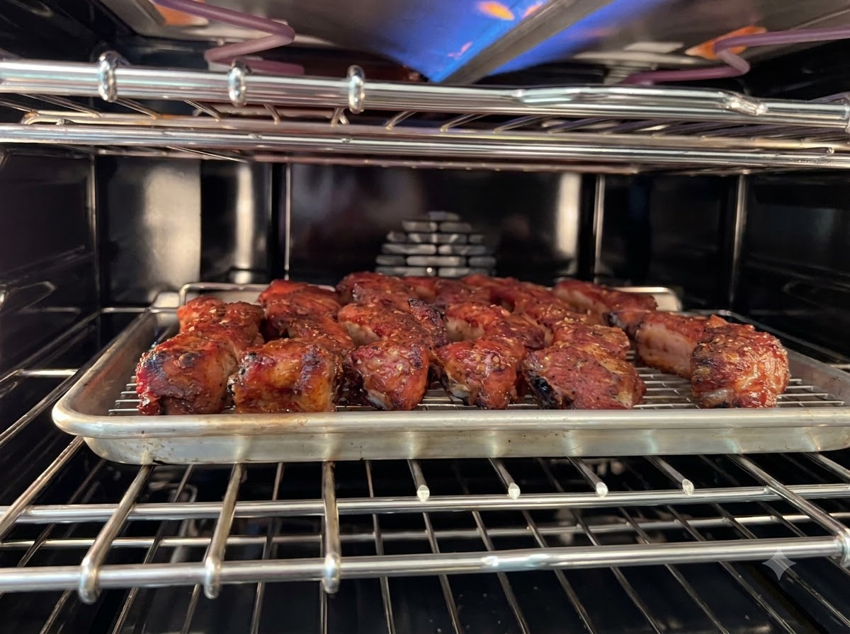Schweinerippchen auf einem Drahtgitter im heißen Ofen werden mit Sauce bestrichen.