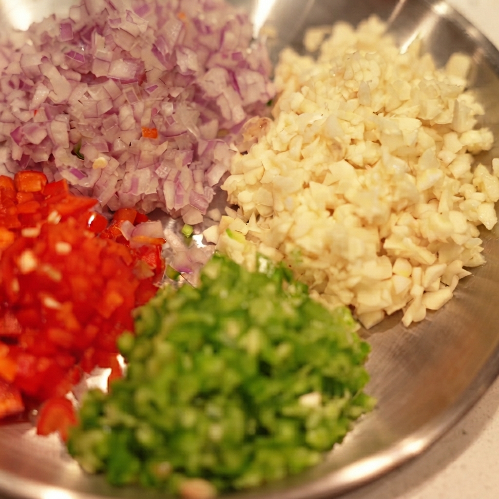 Ein Metalltablett gefüllt mit fein gehackten roten Zwiebeln, Knoblauch, roter Chili und grüner Chilicite: 1.