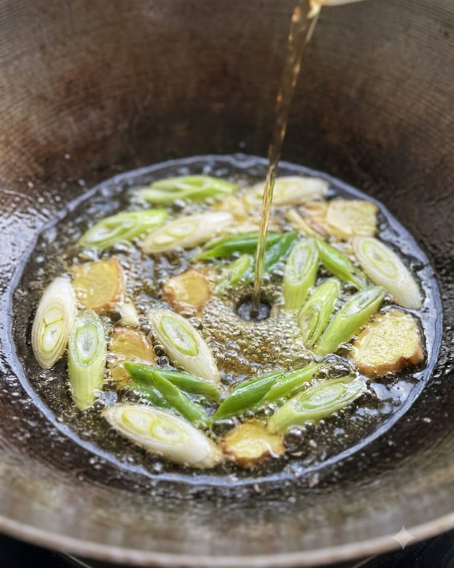 Schweinerippchen kochen in einem Wok mit in Scheiben geschnittenen Frühlingszwiebeln und Ingwercite: 1.