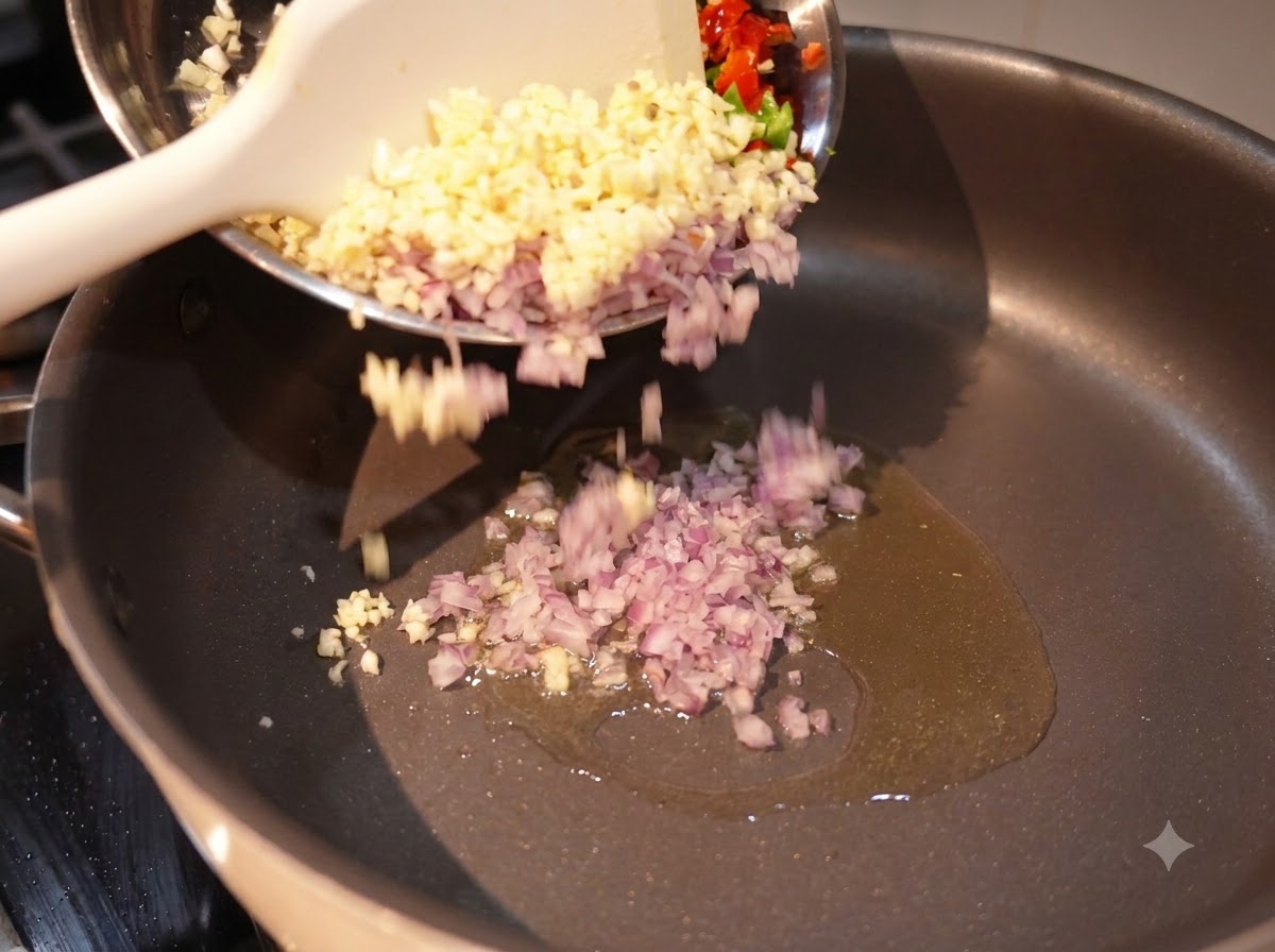 Gehackte Zwiebeln, Knoblauch und Chilis werden in eine Pfanne mit Öl gegebencite: 1.
