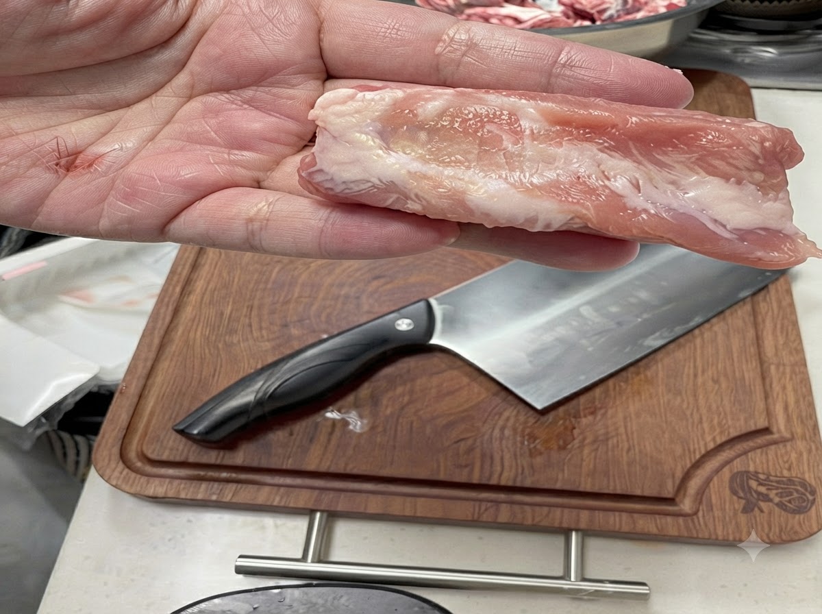 Eine Nahaufnahme eines rohen Schweinerippchenstücks, das über einem Holzschneidebrett mit einem Beil gehalten wird.