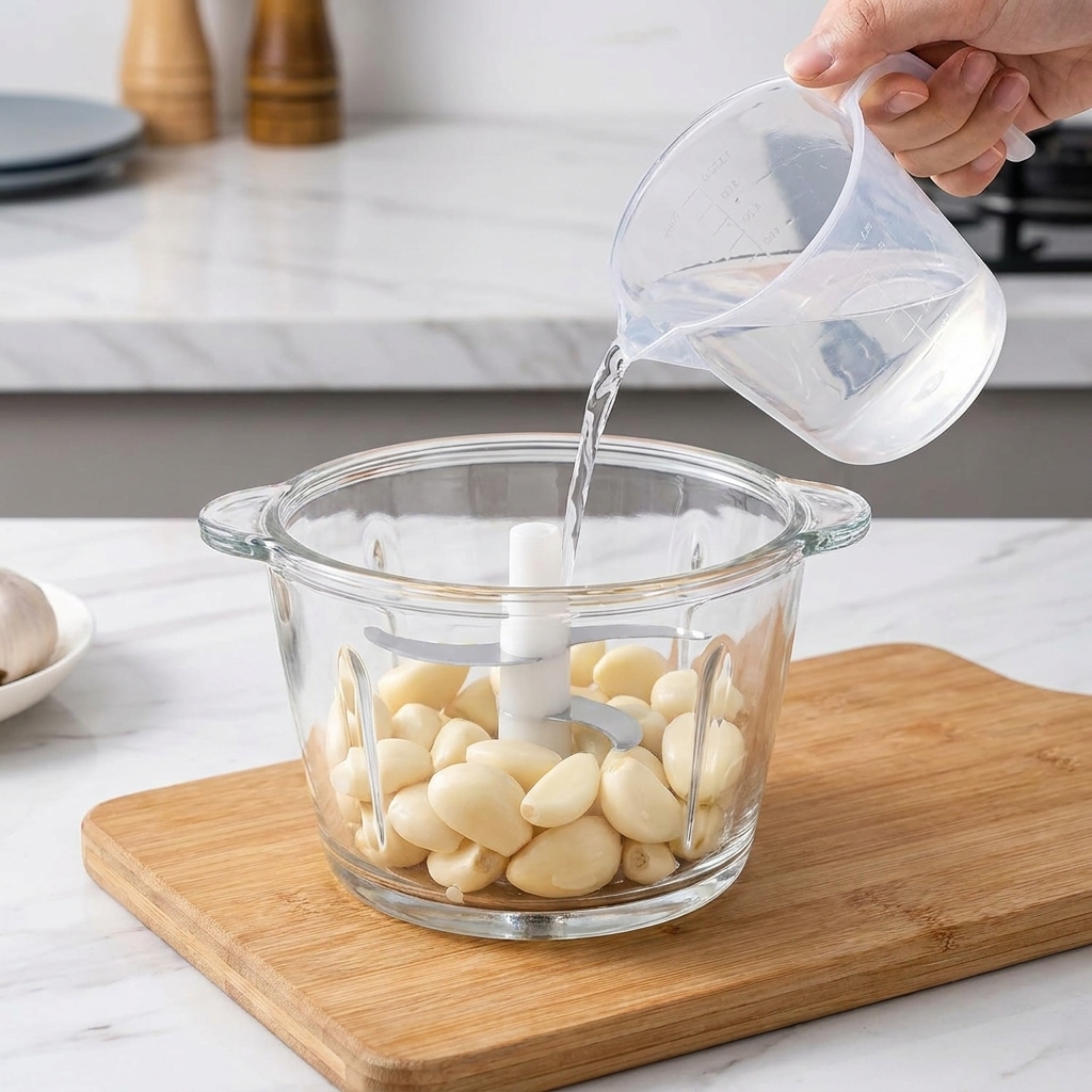 Knoblauchzehen und Wasser werden in einen Glasbehälter einer Küchenmaschine auf einem Holzbrett gegeben.