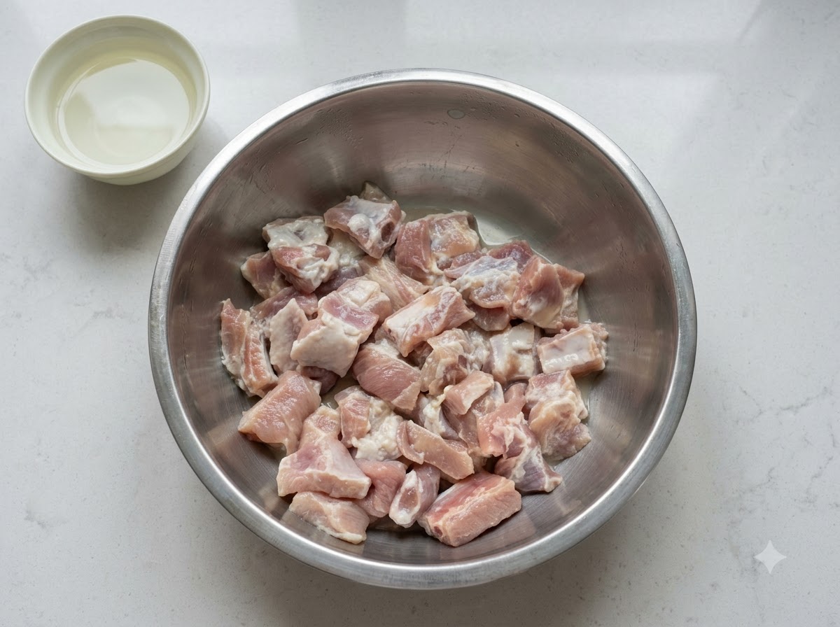 Eine Schüssel mit marinierten Schweinerippchen und einer separaten kleinen Schüssel mit Eiweiss auf einer weissen Arbeitsplatte.