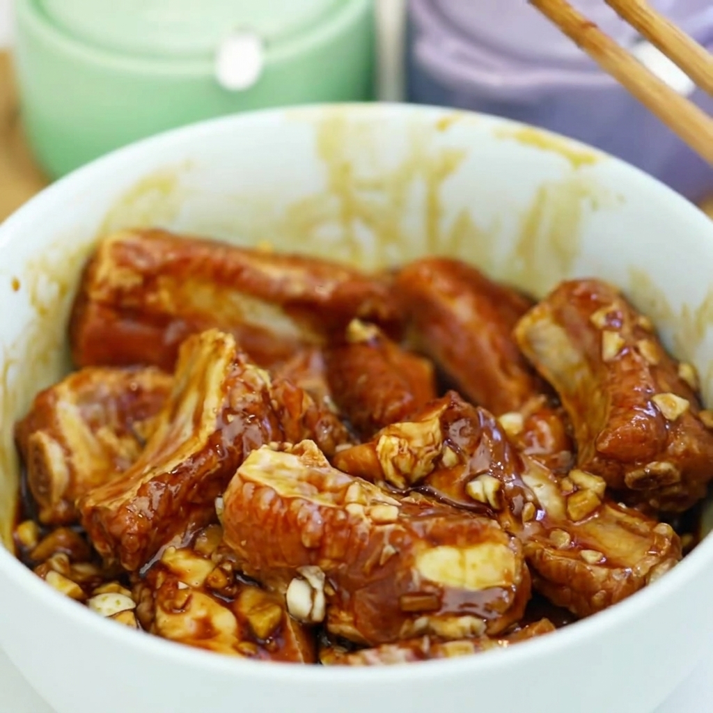 Gewürzte Schweinerippchen in einer Schüssel mit zusätzlicher Salz-, Zucker- und Stärkeschicht auf der Oberfläche.