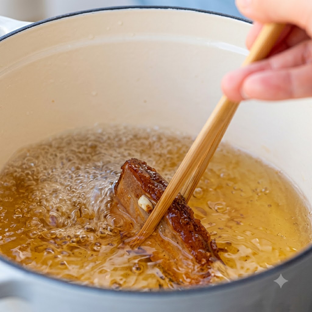 Schweinerippchen frittieren in heißem Speiseöl in einem Topf, während sie mit Holzstäbchen umgerührt werden.
