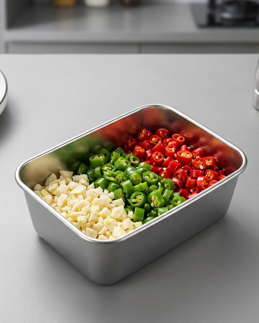 Gehackter Knoblauch, geschnittene grüne Paprika und rote Chilis sauber in einem Stahlbehälter angerichtet.