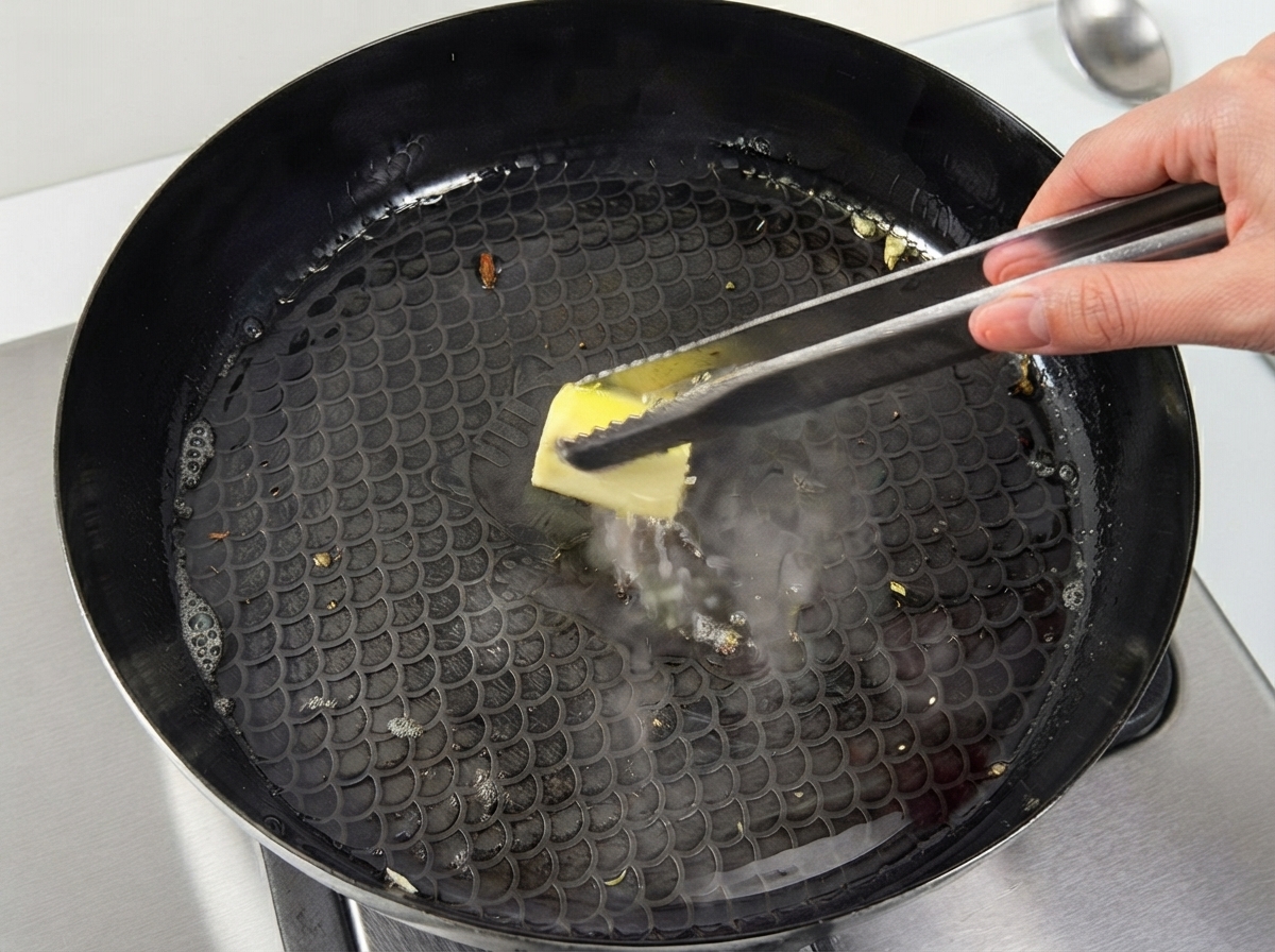 Eine Metallzange gibt ein Stück Butter in eine heiße Pfanne mit geschmolzenem Öl.