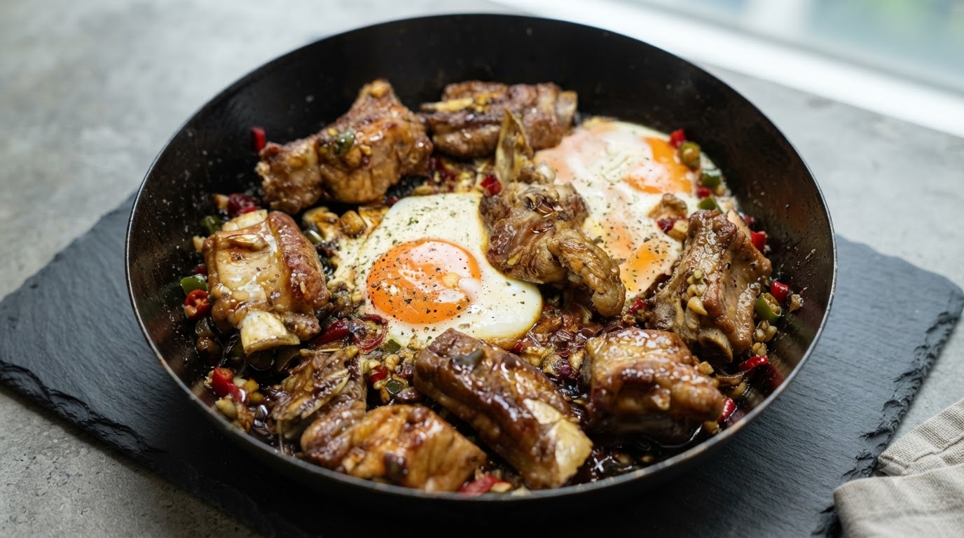 Honig-Knoblauch-Schweinerippchen mit Spiegeleiern
