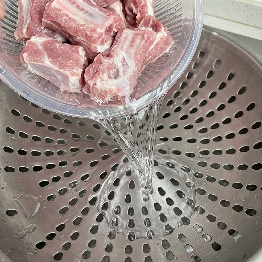Gewaschene, blasse rohe Rippchen lassen sich in einem Sieb abtropfen.