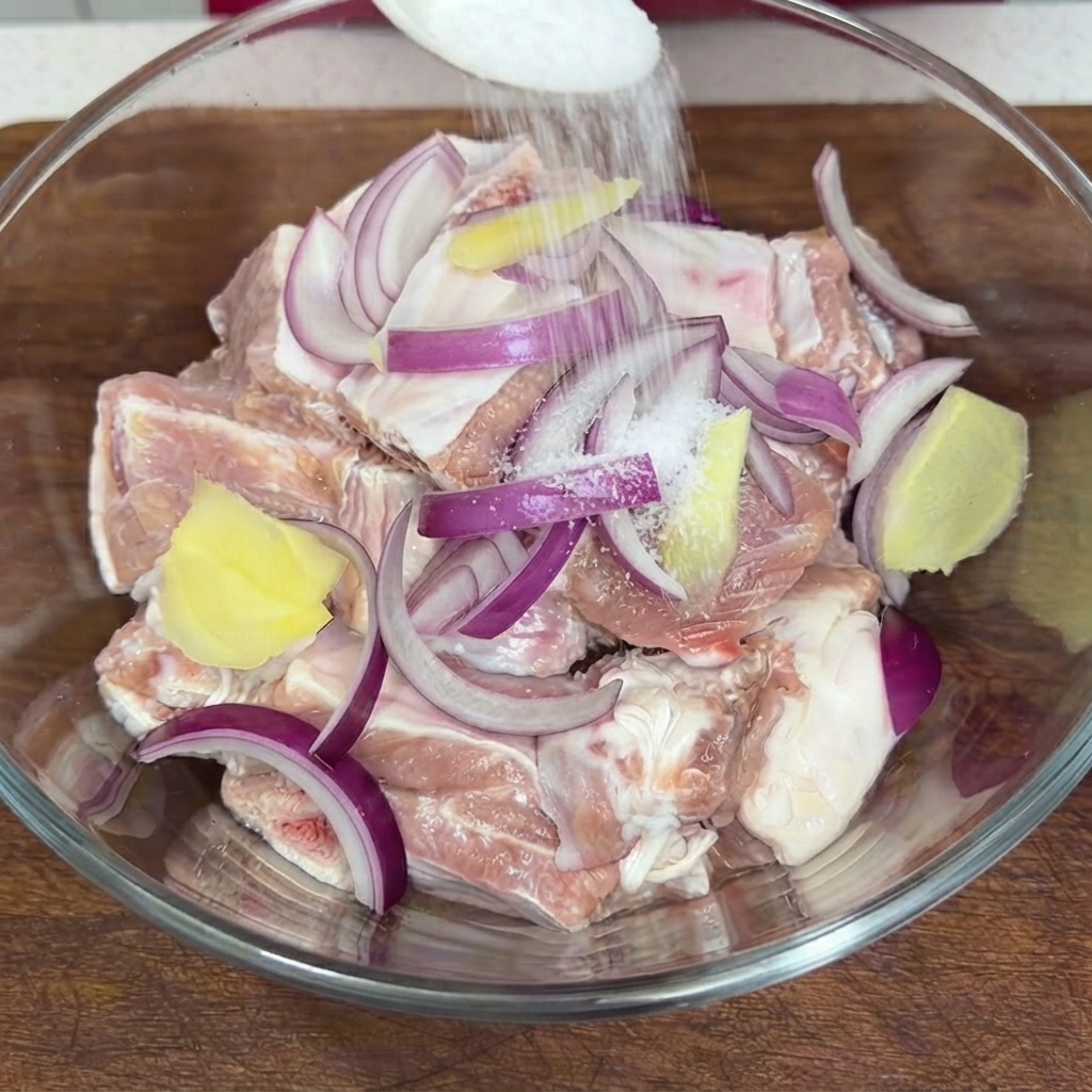 Ein Löffel weißes Salz wird von oben auf die rohen Schweinerippchen und roten Zwiebeln in einer Glasschüssel gestreut.