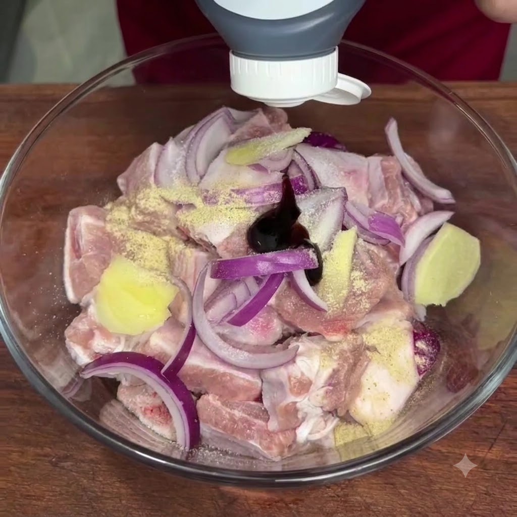 Austernsauce wird aus einer Flasche in die Mitte der gewürzten Schweinerippchen in einer Glasschüssel gedrückt.