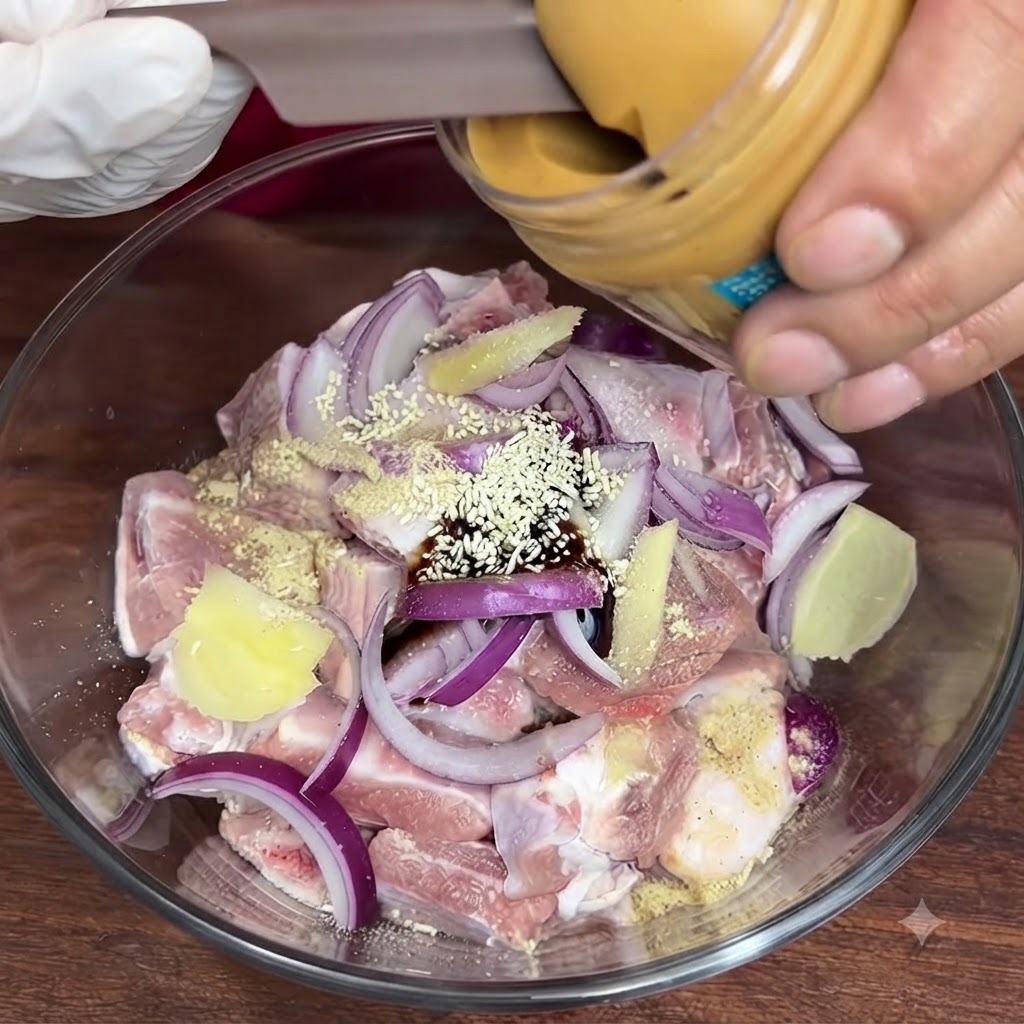 Ein großer Klecks cremiger Erdnussbutter wird aus einem Behälter in die Schüssel mit marinierten Schweinerippchen geschöpft.