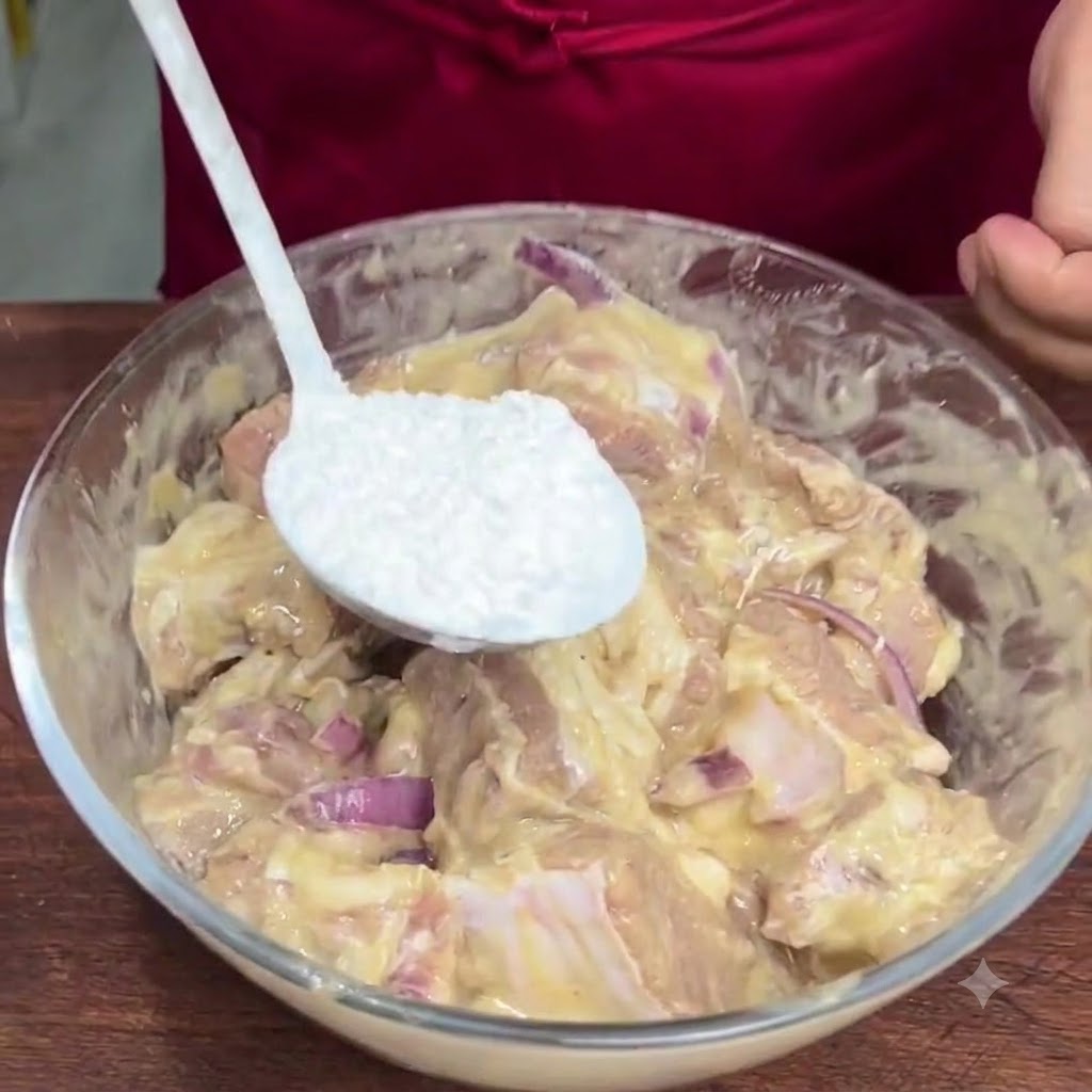 Ein weißer Löffel hält eine Portion Klebreismehl über eine Glasschüssel mit marinierten Rippchen.
