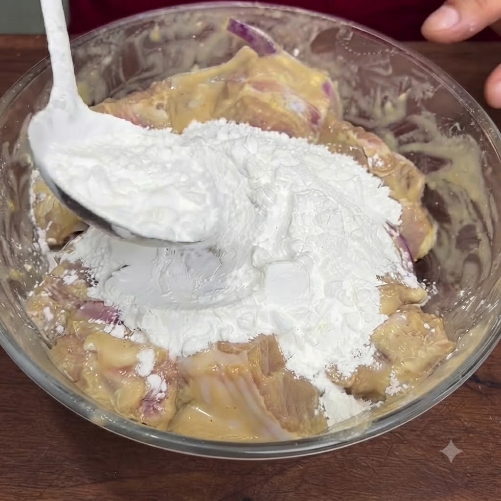 Ein Löffel Maisstärke wird in die Glasschüssel mit marinierten Rippchen gegeben.