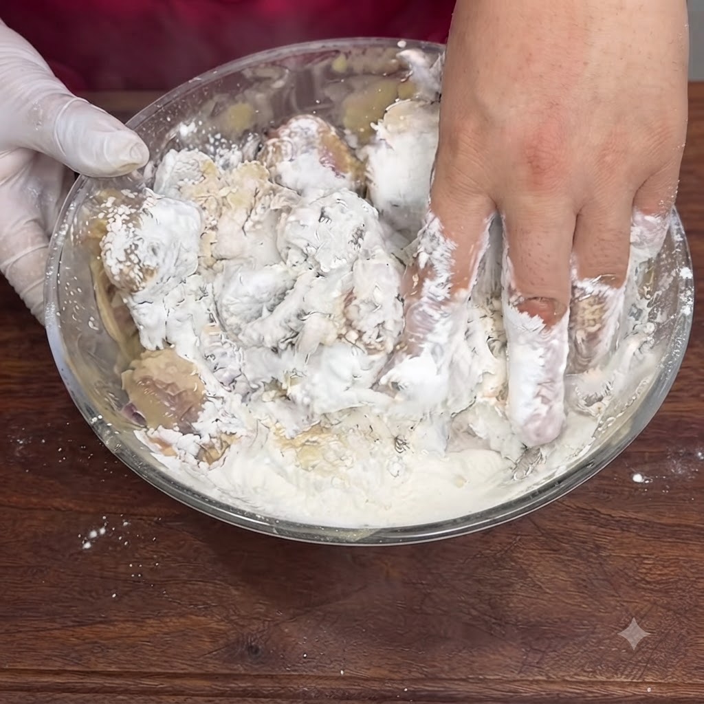 Eine behandschuhte und eine bloße Hand mischen die Rippchen und die Mehlmischung in einer Glasschüssel kräftig durch.