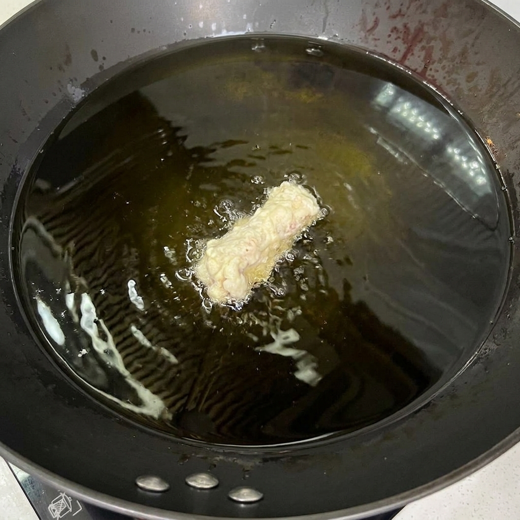 Ein einzelnes paniertes Schweinerippchen wird in heißes, schimmerndes Speiseöl in einem schwarzen Wok gelassen.