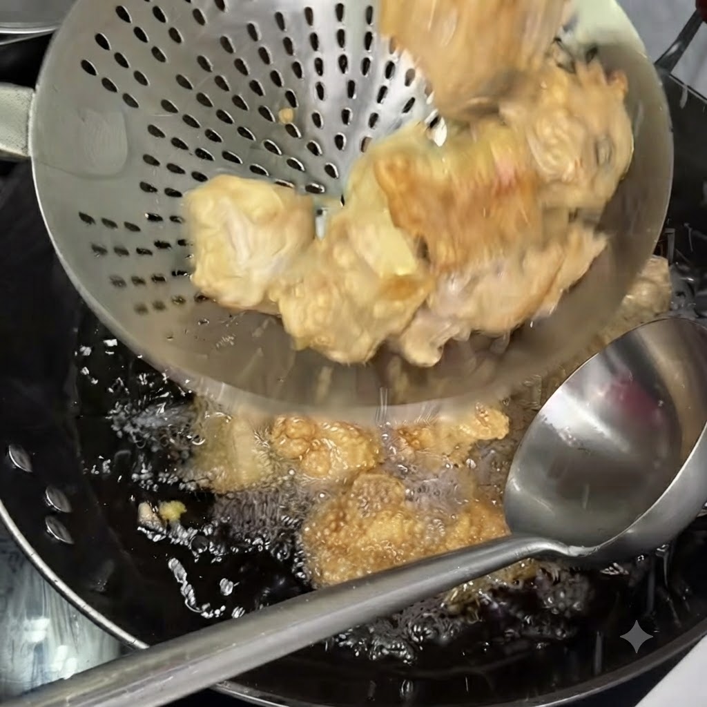 Ein Schaumlöffel hebt halb frittierte Rippchen aus dem heißen Öl, während eine andere Kelle im Wok ruht.