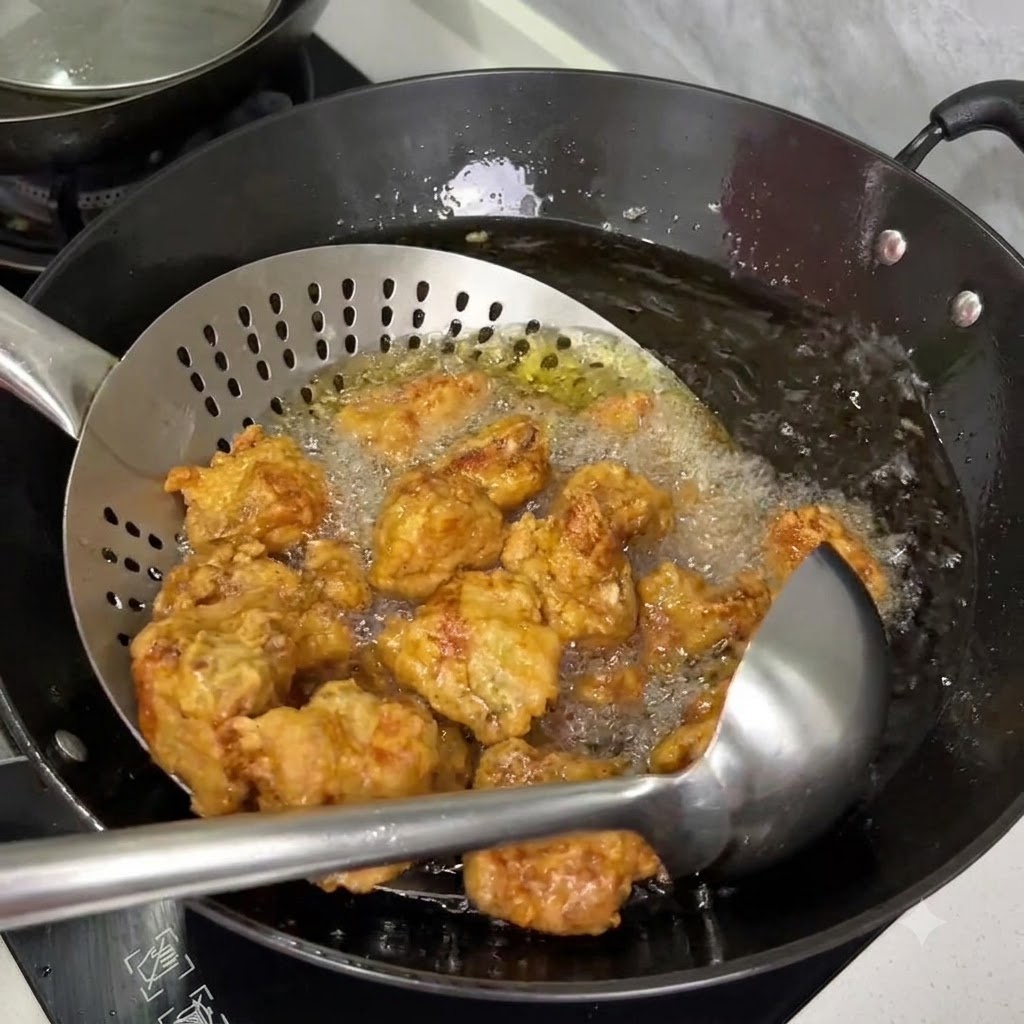 Ein Schaumlöffel aus Metall hebt goldbraun frittierte Rippchen aus dem blubbernden Öl in einem Wok.