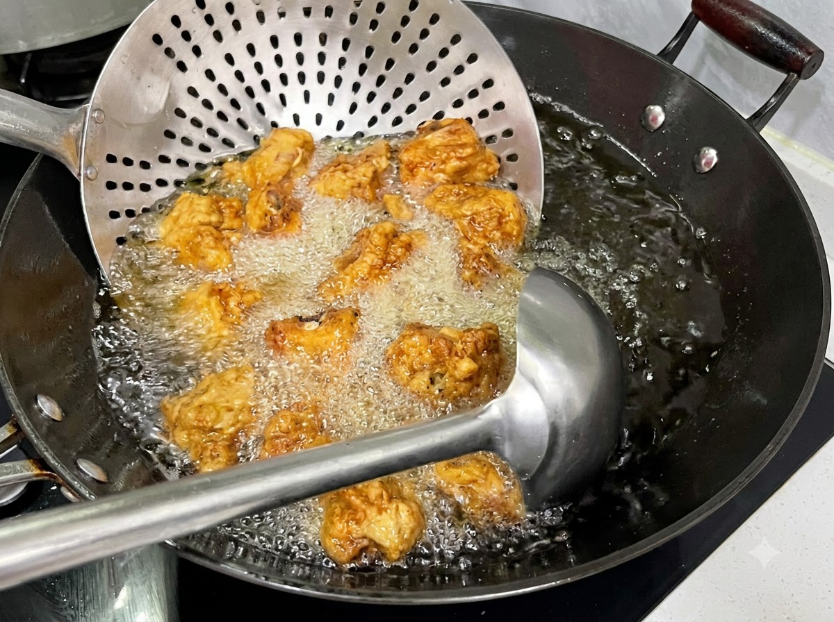 Ein Schaumlöffel hält frittierte Rippchen in kräftig blubberndem, heißem Öl in einem Wok.