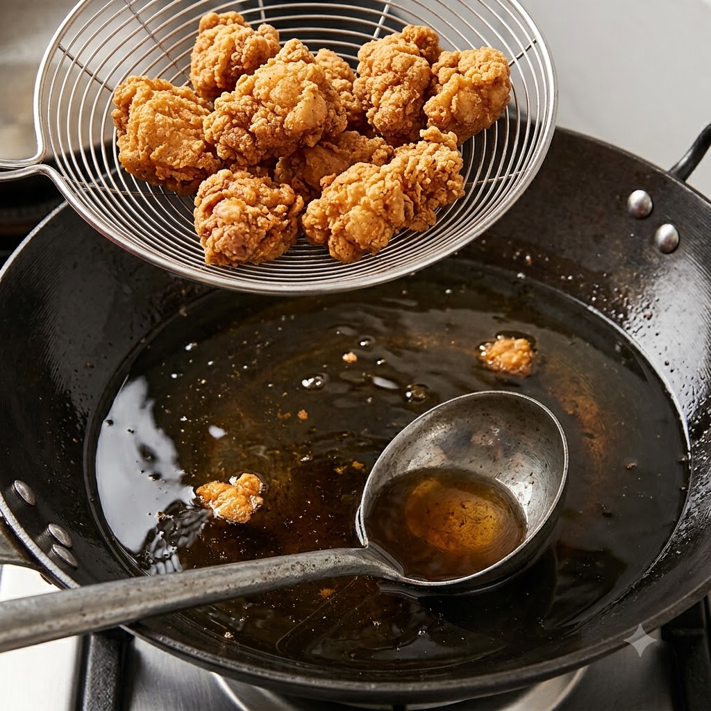 Ein Draht-Spinnensieb hebt tiefgoldene und knusprige Schweinerippchen aus dem Wok.