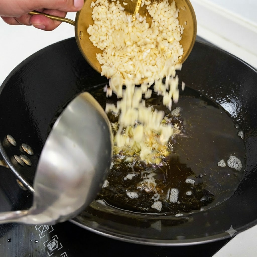 Eine Hand schüttet gehackten Knoblauch aus einem kleinen Messingsieb in einen Wok mit heißem Öl.