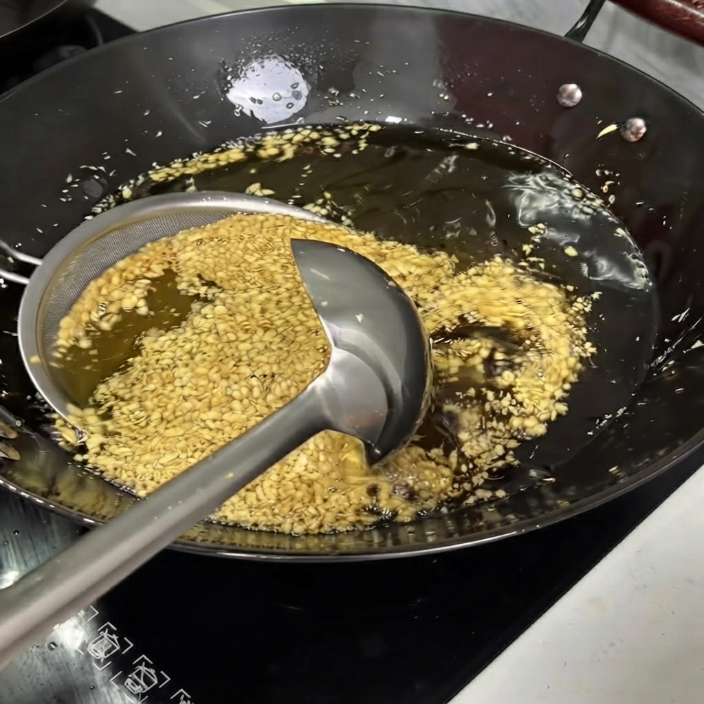 Ein feines Maschensieb schöpft goldbraun frittierten Knoblauch aus einem mit heißem Öl gefüllten Wok.