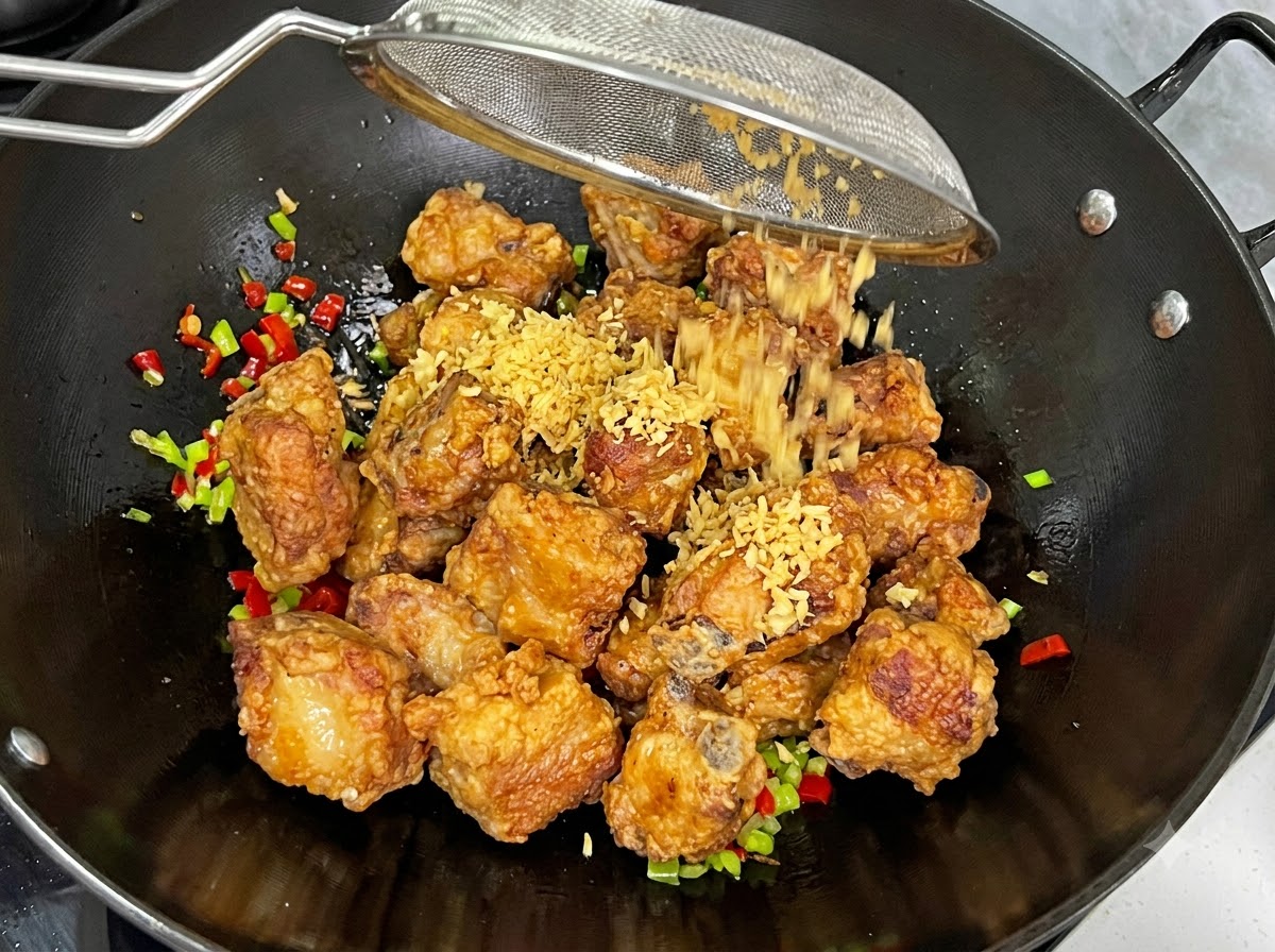 Frittierter Hackknoblauch wird aus einem Maschensieb über die frittierten Rippchen in einen Wok geschüttelt.