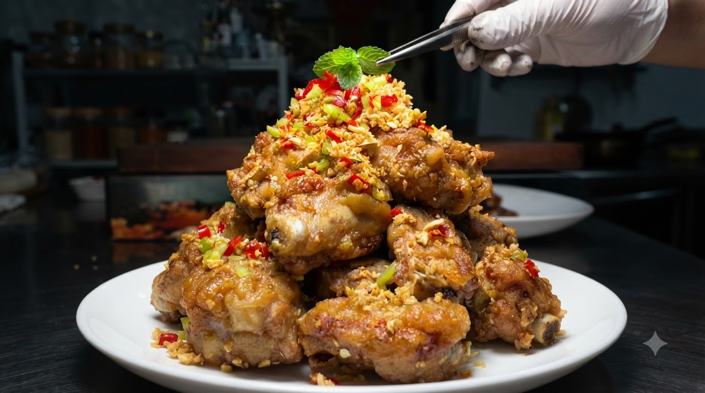 Ein hoher Stapel goldbraun frittierter Schweinerippchen, garniert mit knusprigem Hackknoblauch, rotem sowie grünem Chili und frischer Minze.