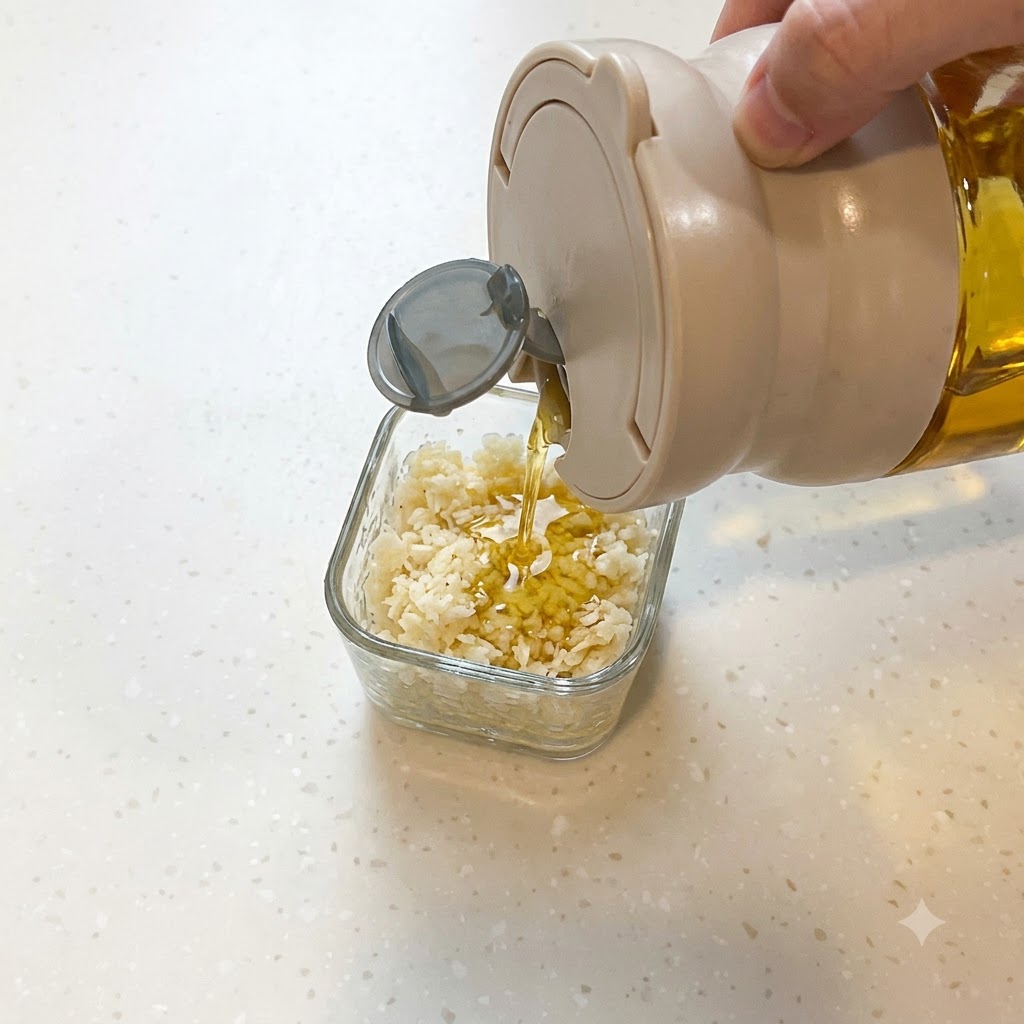 Speiseöl wird aus einem Spender in einen kleinen Glasbehälter mit gehacktem Knoblauch gegossen.