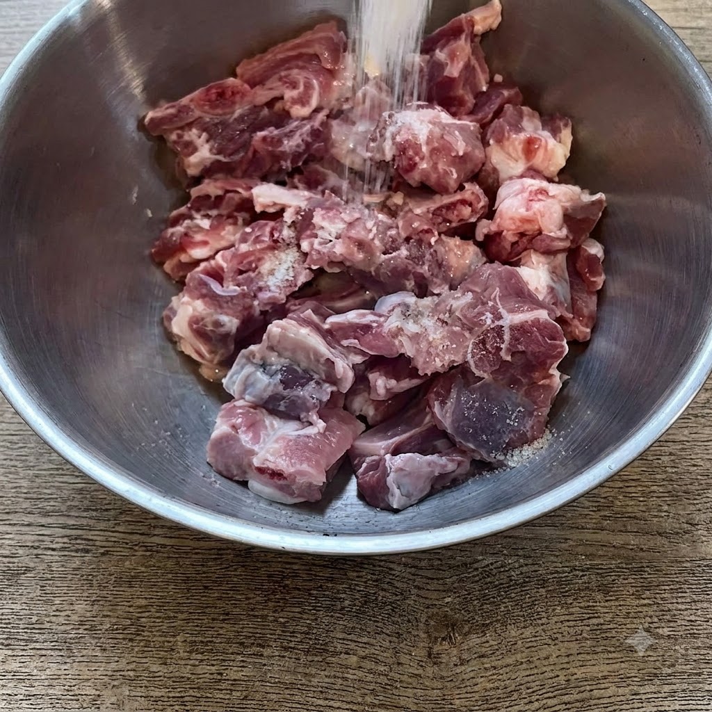 Salz und Gewürze werden auf rohe Schweinerippchenstücke in einer Edelstahlschüssel gestreut.