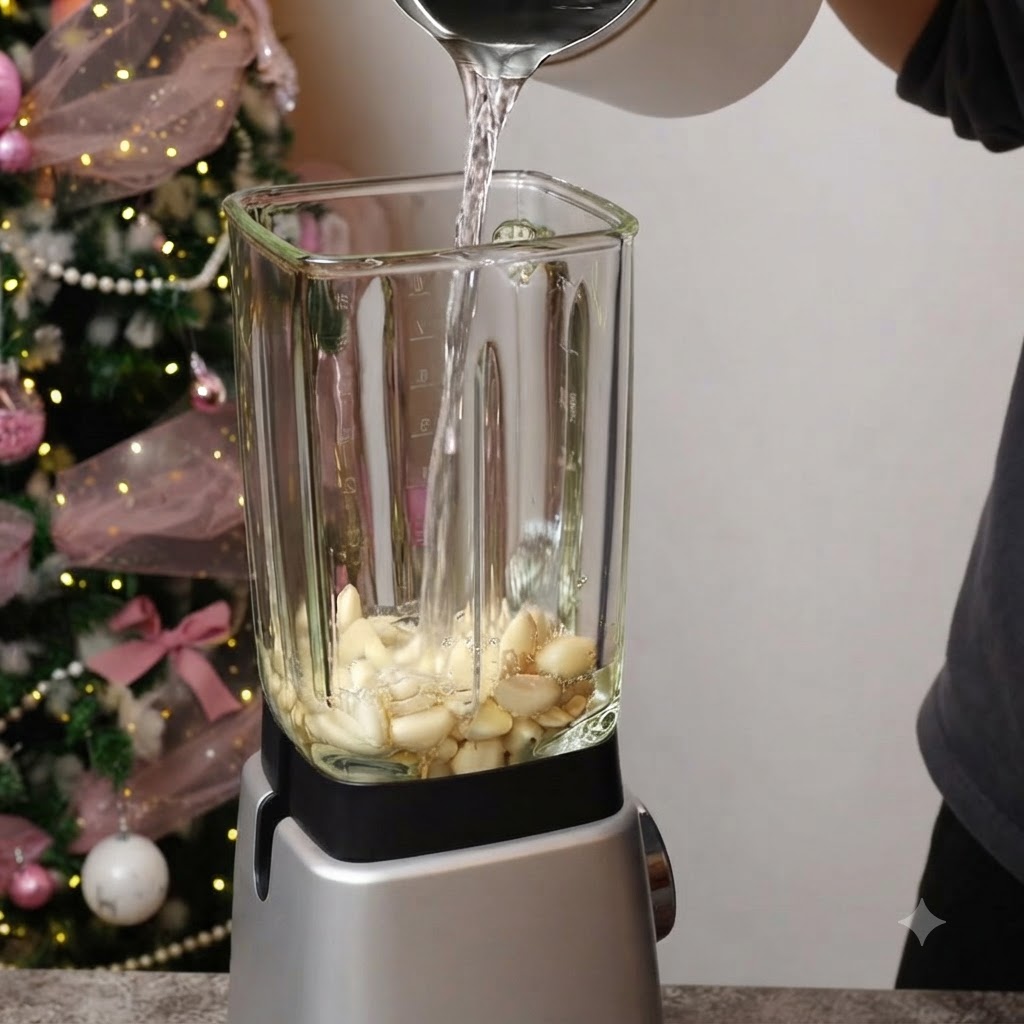 Geschälte Knoblauchzehen werden in ein Blender-Glasgefäß gegeben, während Wasser aus einer Karaffe hinzugefügt wird.