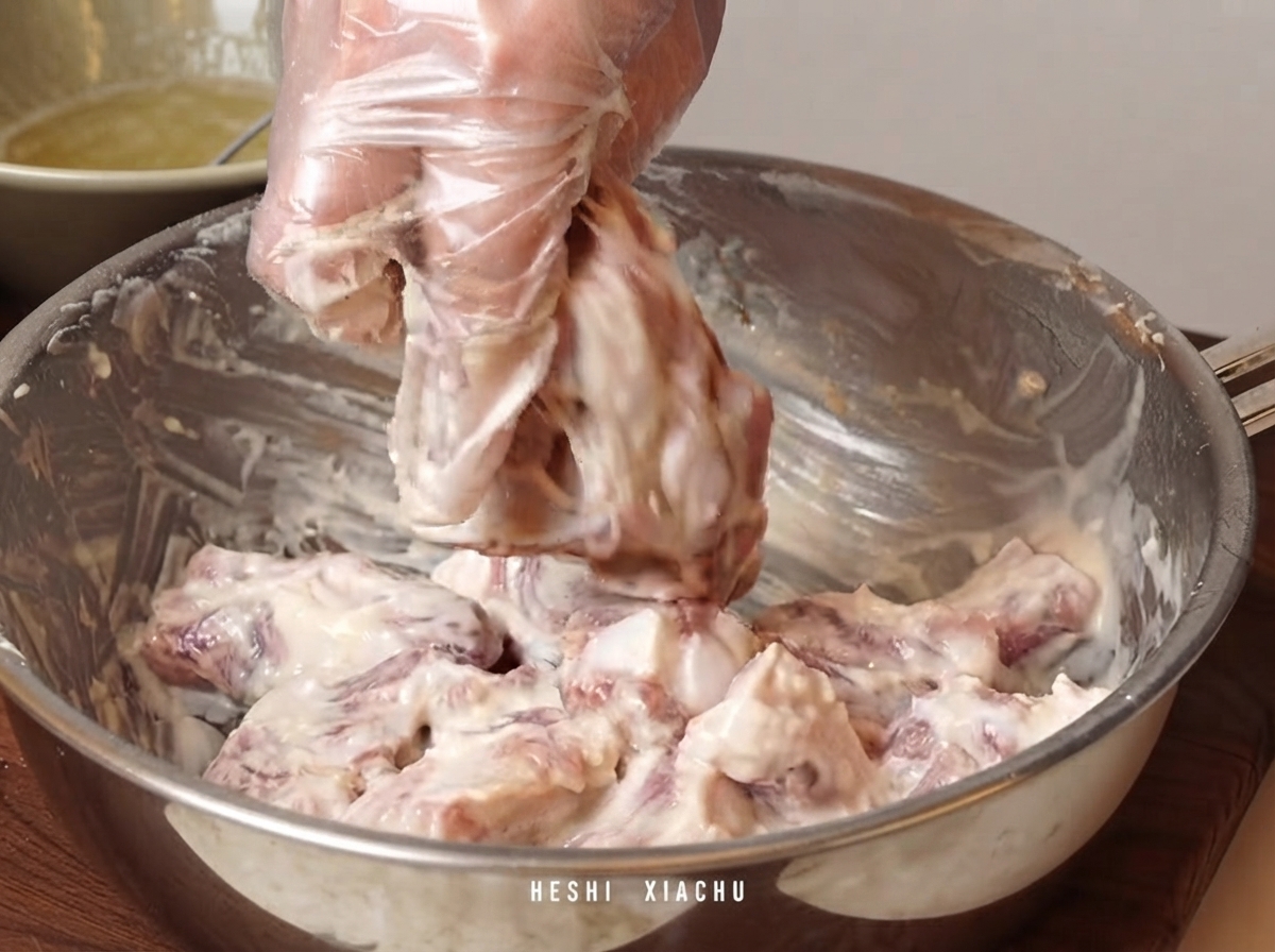 Eine Person mit transparenten Plastikhandschuhen mischt und umhüllt die panierten Schweinerippchen in einer Metallschüssel.